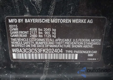 2015 BMW 320I xDrive from USA, damaged, VIN WBA3C3C53FK202404